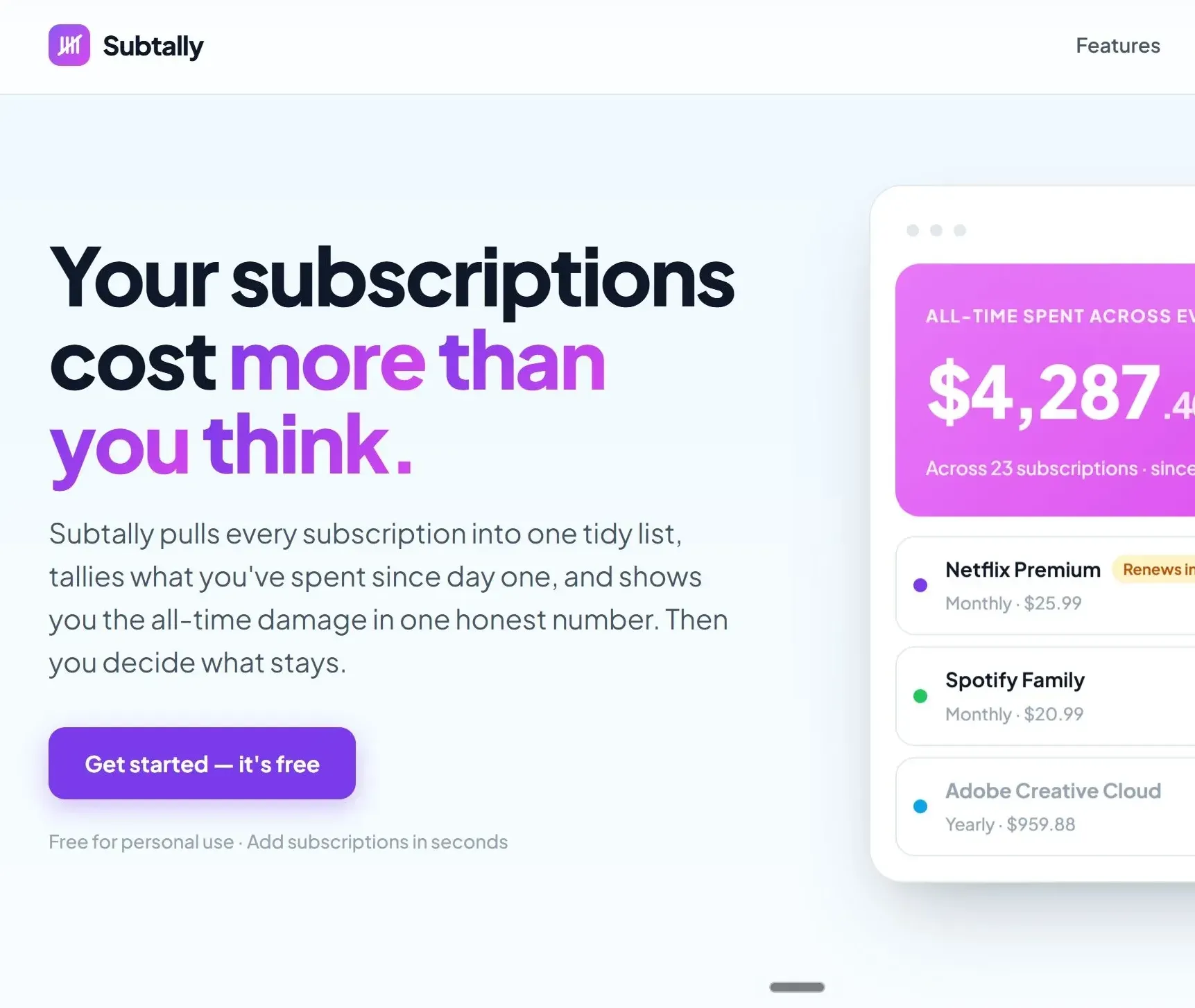 Subtally personal subscription and expenses tracker web app screenshot